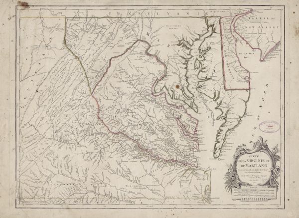 Map of Virginia and parts of Maryland and Delaware (written "De La War"). It shows borders, counties, cities, towns, plantations (marked by landowners name), roads, swamps, mountains, islands, bays, lakes, and rivers. While the title is in French, most of the place names and annotations appear in English, with the occasional French translation in brackets. The title cartouche sits in the lower right corner framed by flowers, corn, tobacco, and waves. 