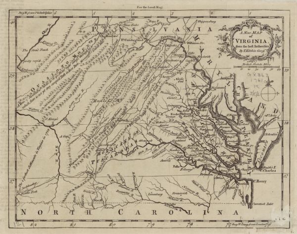 Map of Virginia and parts of Maryland. It shows borders, boundary lines, Native American tribes and land, towns, forts, roads, mountains, waterfalls, bays, and rivers. Annotations appear throughout the map, such as one in the Appalachian Mountains reading "cow pasture," and another below that reading "Virginia Boundary with ye Six Nations in 1722." Kitchin further emphasizes the farthest settlements in Virginia in an effort to establish English claims during the French and Indian War. Plants and waves frame the title cartouche. Faint offsetting of text is apparent along the left side of the map.