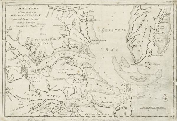 Map of the southern portion of the Chesapeake Bay and surrounding lands. It shows counties, a few cities and towns, forts, roads, islands, topographical features of the Bay including depth by soundings, and rivers. Most notably, this map highlights the Siege of Yorktown, showing the location and layout of Fort Cornwallis, Washington and Rochambeau's armies, and the French blockade off of Cape Henry. 