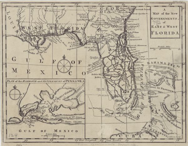 Map showing the new British territories of East and West Florida following the Treaty of Paris at the end of the French and Indian War. It shows boundaries, cities, towns, harbors, forts, Native American towns, islands, swamps, bays, and rivers. The peninsula of Florida appears as a series of islands and interconnecting waterways. It includes an inset map, entitled "Plan of the Harbour and Settlement of Pensacola."