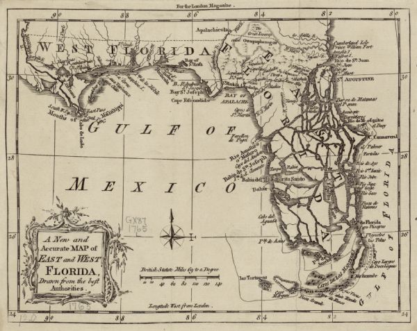 Map showing the new British territories of East and West Florida following the Treaty of Paris at the end of the French and Indian War. It shows boundaries, cities, towns, forts, islands, mountains, swamps, bays, and rivers. The peninsula of Florida appears as a series of islands and interconnecting waterways. Vines and foliage frame the title cartouche.