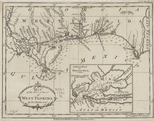 Map of the British territory of West Florida, extending from the Mississippi River to the Apalachicola River. It shows the borders, cities, towns, forts, harbors, islands, bays, lakes, and rivers. Depth is shown through soundings. An inset map of Pensacola harbor and bay sits in the lower left corner, with note reading "Pensacola O.T. destroyed n 1719." A floral motif borders the title cartouche. The map is accompanied by the adjoining pages of the <i>London Magazine</i> which include the following articles: "State of Florida, and the Spanish Fleet and Army Gone to Attack It"; "Interesting Particulars of the Attack on Jersey, from the Papers of the Late Baron de Rullecourt and other Information"; "Trial of Moses Corbet, Esq; Lt. Gov. of Jersey."