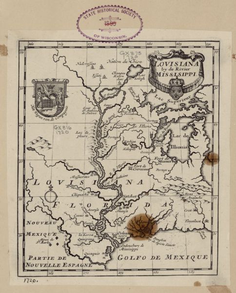 Map showing the course of the Mississippi River from the Gulf of Mexico up past Lake Superior into Canada. It shows the towns, Native American tribes and land, forts, mines, mountains, lakes, and rivers. The land between Lake Michigan (here named Lake Illinois) and the Golf of Mexico is drastically condensed. The seal of the Mississippi Company appears near the upper left corner. The French coat of arms and a decorative border frames the title cartouche.