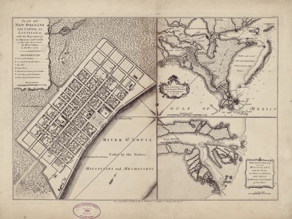 Map of New Orleans at the start of the French & Indian War, including two inset maps entitled "The Course of the Mississipi River from Bayagoulas to the Sea," and "The East Mouth of the Mississipi, with the Plan of Fort La Balise." It shows streets, roads, buildings, anchorages, forts, forests, marshes, ponds, bays, lakes, and rivers. A compass rose sits in the middle of the three maps, using the cardinal directions to separate them. A reference key appears as part of the main title cartouche, showing the location of important buildings within New Orleans.