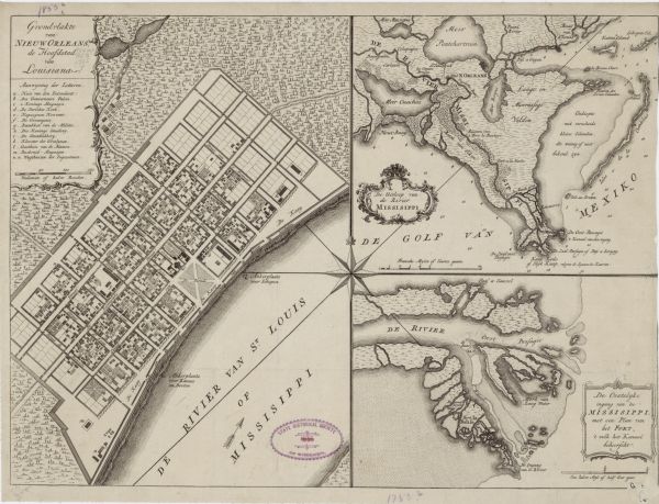 Map of New Orleans at the start of the French & Indian War, including two inset maps of the Mississippi River Delta and Fort la Balise. It shows streets, roads, buildings, anchorages, forts, forests, marshes, ponds, bays, lakes, and rivers. A compass rose sits in the middle of the three maps, using the cardinal directions to separate them. A reference key appears as part of the main title cartouche, showing the location of important buildings within New Orleans.