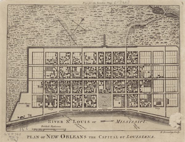 Map of New Orleans with north oriented towards the upper right corner. It shows the land around the city, the Mississippi River, anchorages, roads leading to the city, street names, and several important buildings such as the barracks, church, and the Governors House.