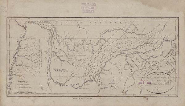 Map of the new state of Tennessee. It shows borders, numerous boundary lines (particularly Native American boundaries), towns (European and Native American), roads, forts, mountains, lakes, and rivers. A few annotations further describe the land. A small reference key sits in the lower right corner.