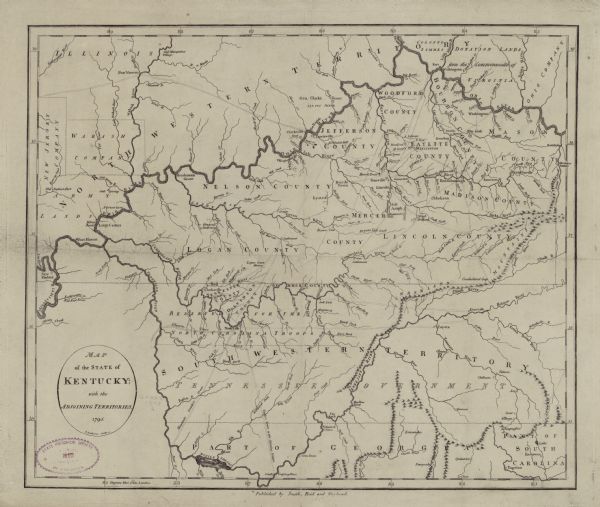 Detailed map of Kentucky and most of Tennessee. The map shows the borders, counties, cities, towns, Native American towns, forts, roads, mountains, lakes, and rivers. It also displays land reserved for Revolutionary War veterans, such as Virginia's donation lands, lands for the Ohio Company, New Jersey Company, and Wabash Company.
