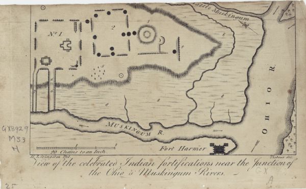 Small map of an abandoned Native American town and fort at the junction of the Ohio and Muskingum River. It shows the fortifications, an outline of the town proper with two buildings, towers, caves, the rivers, and Fort Harmer. North is oriented towards the upper left.