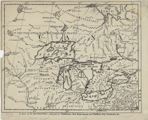 Map of the Great Lakes region during the French and Indian War. It shows in great detail the territories, borders and boundary lines, Native American tribes and land, cities, towns, the boundary line of the Six Nations, forts, mountains, lakes, waterfalls, and rivers. Typical for the time, several mythical islands appear in Lake Superior. The map features a fair bit of detail in the Wisconsin region, including the Ouisconsin River (Wisconsin River).