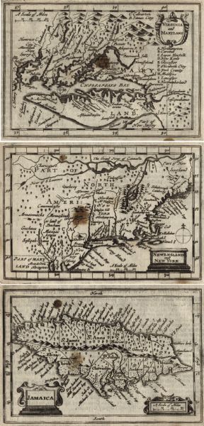 Three maps found within John Speed's atlas <i>A Prospect of the Most Famous Parts of the World</i> along with the corresponding text. The first map shows Virginia and Maryland oriented with north to the right, the second depicts New England, part of Canada, and New York, and the last map shows Jamaica. All label basic counties, regions, cities, rivers, lakes, and rivers, and include illustrated images of trees to depict wilderness. The text further describes the lands and maps.