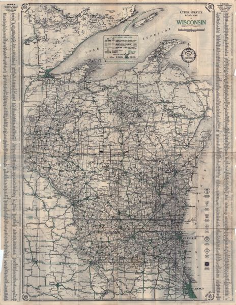 This map shows automobile routes across Wisconsin and parts of Illinois, Michigan, Minnesota and Iowa. The Mississippi River, Lake Michigan, Lake Superior, Lake Winnebago and Green Bay are also labeled on this map. A key at the top center of the map provides explanation for how roads and cities are labeled. Cities Service also includes a green triangle symbol to designate towns with a Cities Service Station.  Both the left and right borders contain an index for locating cities on the map.  The bottom half of the back side of the map contains a road map of the United States with some routes in Canada and Mexico included.  While the top half includes inset maps of large Wisconsin cities including: Milwaukee, Kenosha, Oshkosh, Racine, La Crosse, Madison and Sheboygan. A mileage chart for the United States as well as advertisements form Cities Service Oils and Koolmotor Gasoline are also present.