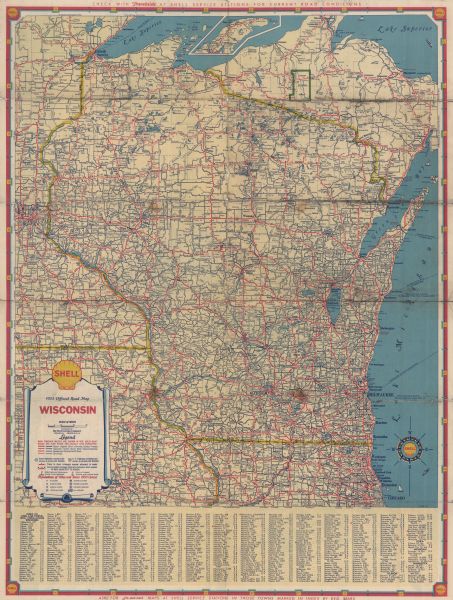 This road map shows automobile routes across Wisconsin as well as portions of Illinois, Minnesota, Iowa and Michigan. Lakes Michigan, Superior and Winnebago are all labeled along with the Mississippi River and Green Bay.  A key near the bottom left corner of the map provides an explanation to the different road types and population of towns and cities. In addition, points of interest and airports are also labeled. County highways and federal highways are labeled with their corresponding number. The bottom border provides an index to easily locate cities. The back of the map includes a road map of the United States with a key and listing of National Parks and Monuments. The bottom portion of the map provides a transcontinental mileage chart and an image of a women driving with her dog.  Above her is a compilation of license plates and the Shell insignia. 
