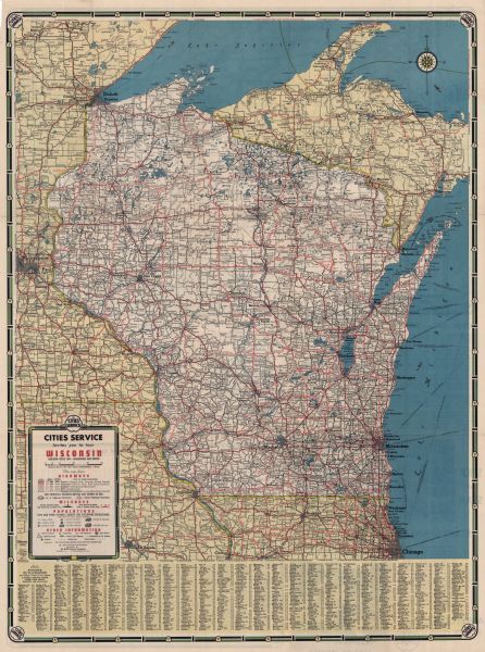 This map contains automobile routes across Wisconsin and portions of Illinois, Iowa, Minnesota and Michigan as well.  The state borders are clearly defined by coloration, Wisconsin being white and the surrounding states yellow.  Lake Michigan, Lake Superior, Lake Winnebago, Green Bay and the Mississippi River are notable bodies of water labeled on this map.  A key towards the bottom left corner provides information on the types of highways and populations of towns or cities. They key also provides symbols for points of interest, airports, state parks, fish hatcheries and national forests. The bottom border provides an index to locate Wisconsin cities. Provided on the back is a basic road map of the United States, information on a multitude of National Parks and Monuments, a transcontinental mileage chart and an advertisement for Cities Service. 