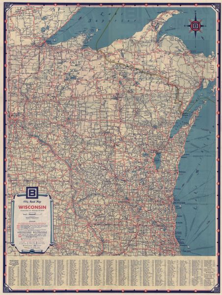 This map provides automobile routes through Wisconsin along with portions of Illinois, Iowa, Minnesota and Michigan.  Lake Superior, Lake Michigan, Green Bay, Lake Winnebago and the Mississippi River are all prominent bodies of water labeled on this map.  A legend towards the bottom left corner provides a breakdown of the different types of roads and what they are constructed out of.  This legend also includes a key to the population of cities and other points of interest.  An index of Wisconsin cities and their populations is provided on the bottom border. A detailed road map of the United States with a legend and listing of National Parks and Monuments is located on one half of the back of the map. The other half contains advertisements for the makers of the map, Barnsdall Motor Oil.