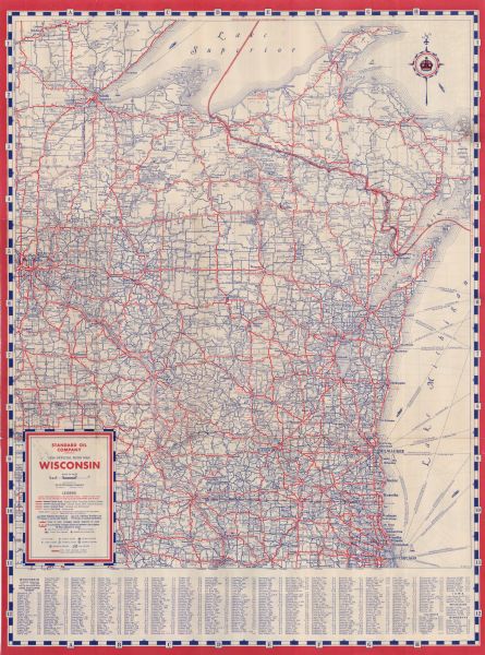 This road map contains automobile routes for the state of Wisconsin as well as portions of Minnesota, Illinois, Iowa and Michigan.  Lake Michigan, Lake Superior, Green Bay, Lake Winnebago and the Mississippi River are all labeled on this map along with other smaller lakes and rivers.  Ferry routes across Lake Michigan and Lake Superior are also included in this map.  A legend near the bottom left corner provides information on the population of cities, points of interests as well as a classification of automobile routes by construction material.  The bottom border of the map includes an index, with population, to locate cities within Wisconsin.  The back of the map provides a detailed road map of the United States with a corresponding legend and a listing of National Parks and Monuments.  It additionally contains inset maps of Racine, Madison, Duluth & Superior, Milwaukee and Chicago along with its immediate suburbs.  A index is also provided for the inset map of Chicago and the surrounding vicinity.  An image of a car driving down a road with two geese flying overhead can also be found on the back. 