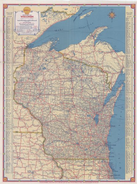 This colored road map comes with a map legend and explanation, as well as an index of cities and towns (and their populations) in Wisconsin. Information about the type of any given road (paved, dirt, graded etc.) is included in the legend. Ferries and their routes through Lake Superior and Lake Michigan are shown. On the back, a highway map of the entire continental United States is shown, with an index of National Parks and monuments in Canada and the U.S. A large transcontinental mileage chart is shown on the back.