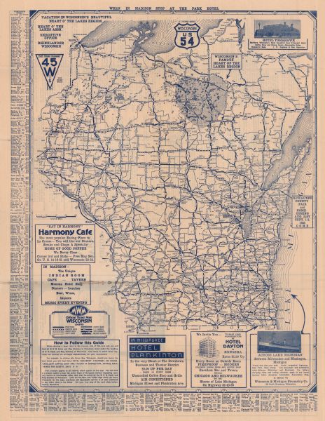 This road map shows automobile routes across the state of Wisconsin. Advertisements for various hotels are featured along the bottom edge of the map, while an index of cities and towns found in Wisconsin is included along the left and bottom edges. Wisconsin's Heart of the Lakes region is highlighted, along with the location of the Kewaunee County Fair (August 31-September 2, 1935). On the back, there is a Midwest Map Company guide to businesses located in various towns across Wisconsin.