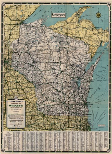 This colored road map shows automobile roads in Wisconsin as well as portions of Michigan, Iowa, Minnesota, and Illinois. U.S. numbered highways are shown in green, and information about the quality and type of any given road (paved, dirt, etc.) is included in the legend. The boundary between the Eastern and Central Time Zones is shown, as are boat lanes (for ferries as well as other vessels) in Lake Superior and Lake Michigan. Along the bottom edge of the front page, an index of towns and cities in Wisconsin and their populations is featured. On the back side of the map, a mileage chart for major cities in the U.S. is shown, along with a road map of the entire continental U.S. and a list of National Parks and monuments in the U.S. and Canada. There are also road maps for Milwaukee, Kenosha, La Crosse, Madison, and Sheboygan.