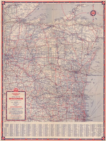 This colored road map shows automobile roads in Wisconsin as well as portions of nearby states. U.S. numbered highways are shown in red, and information about the quality and type of any given road (paved, dirt, etc.) is included in the legend. The boundary between the Eastern and Central Time Zones is shown, as are boat lanes (for ferries as well as other vessels) in Lake Superior and Lake Michigan. Along the bottom edge of the front page, an index of towns and cities in Wisconsin and their populations is featured. On the back side of the map, there is a road map of the entire continental U.S. and a list of National Parks and monuments in the U.S. and Canada. There are also road maps for Madison, Milwaukee, and Racine. 