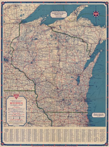 This colored road map shows automobile roads in Wisconsin as well as portions of nearby states. Information on the quality and type of any given road (paved, dirt, scheduled for construction, etc.) is included in the legend. The boundary between the Eastern and Central Time Zones is shown, as are boat lanes (for ferries as well as other vessels) in Lake Superior and Lake Michigan. Along the bottom edge of the front page, an index of towns and cities in Wisconsin and their populations is featured. On the back side of the map, there are road maps for Chicago, La Crosse, Fon Du Lac, Duluth, Madison, Racine, Milwaukee, Kenosha, and Green Bay. 