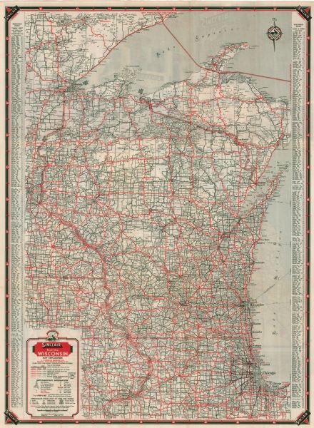 This colored road map shows automobile roads in Wisconsin as well as portions of nearby states. Information on the quality and type of any given road (paved, dirt, scheduled for construction, etc.) is included in the legend. The boundary between the Eastern and Central Time Zones is shown, as are boat lanes for auto ferries in Lake Michigan. Along the left and right edges of the front page, an index of towns and cities in Wisconsin and their populations is featured. On the back side of the map, there is an index displaying information related to the kind of oil various makes of cars should use. There is also a map of recreational attractions across the continental United States, and a rather idyllic portrait of a Sinclair Gas Station.