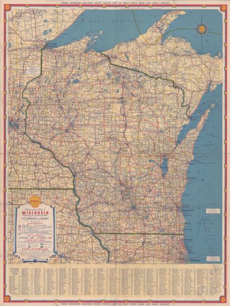 This colored road map shows automobile roads in Wisconsin as well as portions of nearby states. Information on the quality and type of any given road (paved, dirt, scheduled for construction, etc.) is included in the legend. The boundary between the Eastern and Central Time Zones is shown, as are boat lanes (for ferries and other vessels) in Lake Superior and Lake Michigan. Along the bottom edge of the front page, an index of towns and cities in Wisconsin and their populations is featured. On the back side of the map, a mileage table for cities in the United States and a road map of the entire continental United States are shown. There is also a Shell Radio Log. 