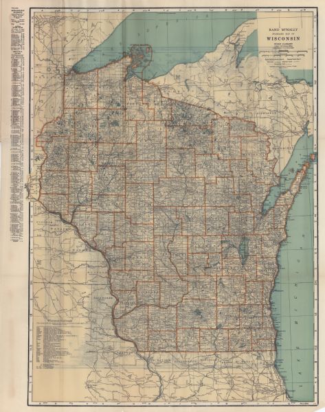 This blue-line map of Wisconsin shows two maps of Wisconsin and the surrounding area, with a railroad map on one side and a road map on the other. The railroad map also shows township lines, electric lines, and a legend with a scale. Along the left edge of the railroad map, an index containing a list of cities and metropolitan areas in Wisconsin is available, with information about the population of any given city or metropolitan district included. In the bottom left corner, a list of railroads in Wisconsin is shown. On the road map, state highways, U.S. Interstate highways, county highways, ferry and boat lines, points of interest, and airports are shown and identified. Information regarding the quality of any road shown on the map can be found in the legend in the top right corner. An index of Wisconsin towns and their populations is featured along the left and right edges of the road map, ordered alphabetically. In the top right corner of the road map, there is a small, colored advertisement for Rand McNally Indexed Globes. 