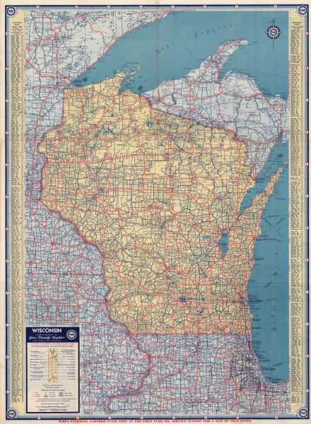This colored road map shows automobile roads in Wisconsin as well as portions of nearby states. Information on the quality and type of any road shown (paved, dirt, scheduled for construction, etc.) is included in the legend in the bottom left corner. The boundary between the Eastern and Central Time Zones is shown, as are some ferry lanes in Lake Superior and Lake Michigan. Along the left and right edges of the front page, an index of counties, towns, and cities in Wisconsin and their populations is featured. On the back side of the map, a mileage table for cities and towns in and around Wisconsin is shown, with a second mileage table for major cities in the U.S. There is also an index of points of interest shown on the map with a description of each, a highway map of the Continental U.S., and an index of radio stations in the Midwest. 