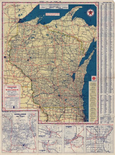 This colored road map shows automobile roads in Wisconsin as well as portions of nearby states. Along the bottom edge of the front page, smaller road maps of Rhinelander, Green Bay, La Crosse, Madison, and Milwaukee are shown. Information on the quality and type of any road shown (paved, dirt, scheduled for construction, etc.) is included in the legend on the left edge of the front page. Along the right edge, an index of towns, cities and lakes in Wisconsin is featured. Lake Superior and Lake Michigan are shown, along with ferry lines and an index of ferry schedules. On the back side of the map, a mileage chart for major cities across the Continental United States is shown with "Sectional Trip Maps" of Wisconsin, Kansas City, Minneapolis, and Chicago. These maps show the distance of road between certain points on the map. In the top right corner of the back side, an index showing State and Federal tax rates on gasoline is featured. In the bottom left and right corners, information about the various services offered by the map creator, Texaco Petroleum Products, is included. 