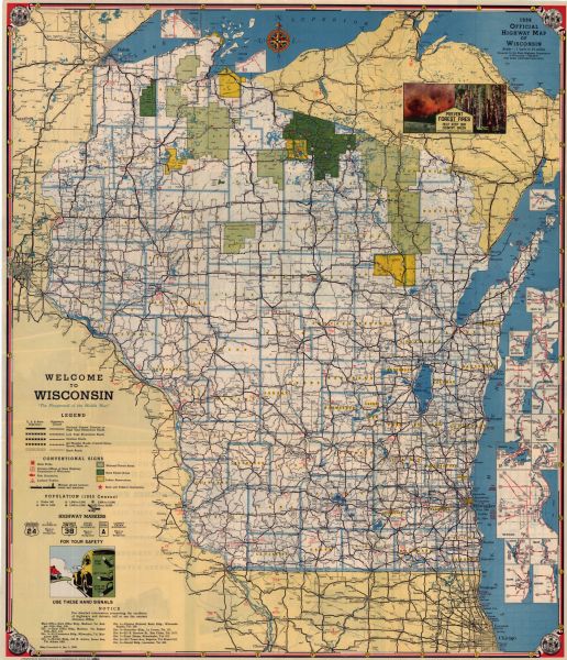 This colored road map shows automobile roads in Wisconsin as well as portions of nearby states. Information on the quality and and type of any road shown (high-type bituminous, low-type bituminous, dustless, gravel, etc.) is included in the legend near the bottom left corner of the front page, above a directory of State Highway Commission offices and their contact information. Over Lake Superior, road maps of the towns Superior and Ashland can be found, as can maps of Marinette, Green Bay, Appleton, Manitowoc, Oshkosh, Fon Du Lac, Janesville, Sheboygan, Stevens Point, Wausau, Waukesha, Madison, Eau Claire, Milwaukee, La Crosse, Beloit, Racine, and Kenosha over Lake Michigan. On the back side of the map, an index of incorporated villages and cities in Wisconsin is featured, with a mileage chart showing distances between various towns and cities in and near Wisconsin. A regional highway map showing U.S. highways in the Midwest is also shown. Below this, a list of State Parks and Forests is included with short descriptions of each, superimposed upon a collage of photos of scenic locations in Wisconsin (i.e. "Sail Boats on Lake Mendota"). A road map of Milwaukee can be found in the bottom left corner, with information about the location of various hotels in Milwaukee. To the right of this, a list of five Schroeder Hotels is shown, with pictures and short descriptions of each. In the bottom right corner, a cover photo and an advertisement for Schroeder Hotels are shown. 