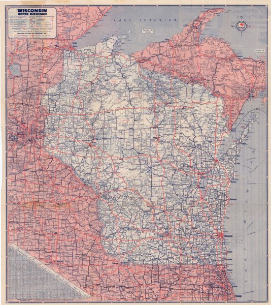 This colored road map shows automobile roads in Wisconsin as well as portions of nearby states. Information on the quality and type of any road shown (paved, dirt, State Highway, Secondary Road, etc.) can be found in the legend in the top left corner. Ferry lanes through Lake Superior and Lake Michigan are shown. In the bottom left corner, a mileage chart for cities in the Midwest is featured. On the back side of the map, road maps for Milwaukee, the Eastern Upper Peninsula of Michigan, and the Midwest are included. Along the left edge, an index of counties, cities, and towns shown on the front page map is featured.