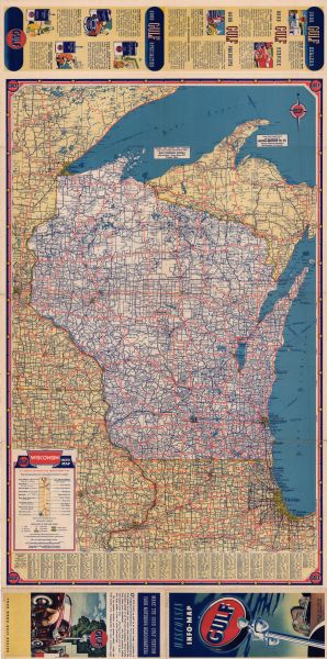 This colored road map shows automobile roads in Wisconsin as well as portions of nearby states. Information on the quality and type of any road shown (Interstate Highway, State Highway, paved, dirt, scheduled for construction, etc.) can be found in the legend in the top left corner. Ferry lanes through Lake Superior and Lake Michigan are shown. Along the bottom edge, an index of Wisconsin cities and towns is featured, with population information. On the back side, a road map showing Illinois, Indiana, Iowa, Kentucky, Michigan, Minnesota, Missouri, New York, Ohio, Ontario, Pennsylvania, Virginia, West Virginia, and Wisconsin is included, as is a road map of Milwaukee. Near the top right corner of the back side, a mileage table for cities in Wisconsin is shown. Along the right edge, an informational section on Wisconsin's population, places of interest, and important industries is featured. 