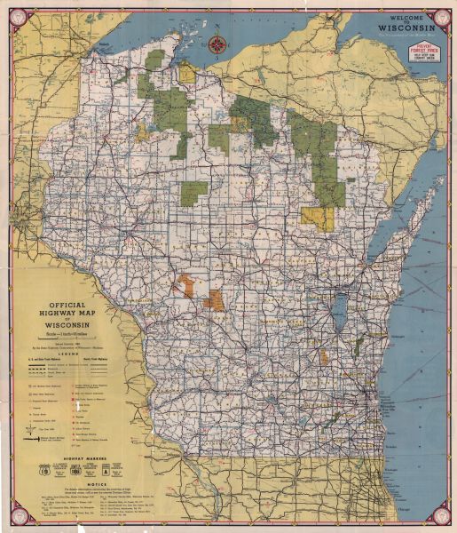 This colored road map shows automobile roads in Wisconsin as well as portions of nearby states.Information on the quality and type of any road shown (bituminous concrete, gravel, earth, etc.) can be found in the legend near the bottom left corner, above a directory of State Highway Commission Division Offices. Ferry lanes through Lake Superior and Lake Michigan are shown. On the back side, a collage of scenic photographs of Wisconsin (some in black-and-white, some in color) honoring the state's centennial anniversary covers most of the page. An index of incorporated villages and cities in Wisconsin is included in the top right corner, and a short statement by then-Governor of Wisconsin Oscar Rennebohm inviting tourists to visit Wisconsin is shown in the bottom left. 