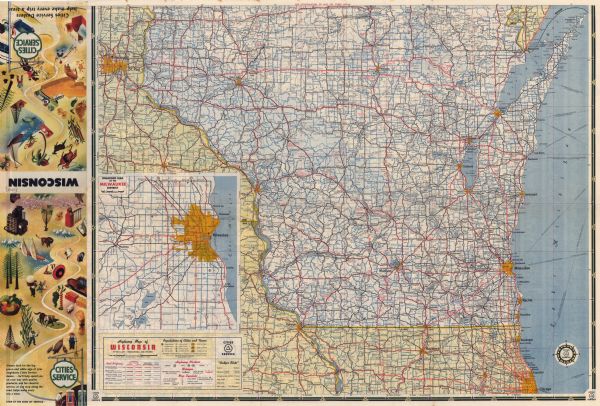 This colored road map shows automobile roads in Wisconsin as well as portions of nearby states. The map is organized such that a single map of Wisconsin is divided on to two sides of a page, with the northern half on the front side and the southern half on the back. Information on the quality and type of any road shown (paved, gravel, dirt, etc.) can be found in the legend near the bottom left corner of the back page. On the front side, ferry routes through Lake Superior are shown, as are ferry routes through Lake Michigan on the back. The locations of points of interest, fish hatcheries, airports, State Parks, and county lines are included on the map. 