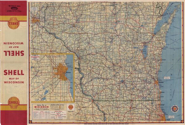 This colored road map shows automobile roads in Wisconsin as well as portions of nearby states. The map is organized such that a single map of Wisconsin is divided on to two sides of a page, with the northern half on the front side and the southern half on the back. Along the left edge of the front page, an index of towns and cities in Wisconsin and Illinois and their populations can be found, next to an enlarged map of Duluth-Superior. Information on the quality and type of any road shown (paved, gravel, dirt, etc.) is available in the legend near the bottom left corner of the back page, below an enlarged road map of Milwaukee and the surrounding area. On the front side, ferry routes through Lake Superior are shown, as are ferry routes through Lake Michigan on the back. Points of interest, fish hatcheries, airports, State Parks, and county lines are located and identified. 