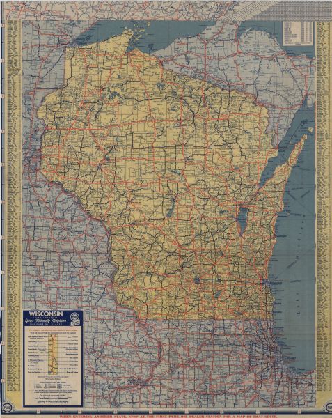 This colored road map shows automobile roads in Wisconsin as well as portions of nearby states. Information on the quality and type of any road shown (paved, dirt, etc.) can be found in the legend in the bottom left corner. The boundary between the Central and Eastern Time Zones is shown, as are ferry lanes through Lake Superior and Lake Michigan. Along the left and right edges of the front of the map, an index of towns and cities in Wisconsin and their populations is featured. On the back side of the map, street maps for Kenosha, Madison, Milwaukee, and Racine can be found, above a highway map of the eastern United States and below an advertisement for the Pure Oil Company. In the bottom right corner, there is a mileage table for major cities in the U.S. 