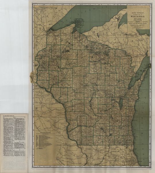 This colored map shows the entire state, along with counties in states bordering Wisconsin. There is a key to "Wisconsin Railroads," with initials identifying each as it appears on the map. At the top right is a map key showing markings for distances in statute miles and kilometers, state capitols, county seats, township lines and railroad lines. At bottom left is a representative page of a "Pocket Map," index, showing town names with railroad names associated with service to those towns. On the back is a road map of the state and areas of bordering states, with a legend indicating road types and conditions, as well as symbols for various points of interest. At top right is an index of "Principal Radio Stations" with call letters and frequencies, for stations in Wisconsin and bordering areas. At far left and right is an index of cities and towns, with their map locations.