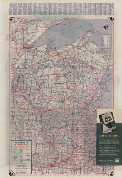 This colored map shows the entire state, along with counties in states bordering Wisconsin. There is a key to "Wisconsin Railroads," with initials identifying each as it appears on the map. At the top right is a map key showing markings for distances in statute miles and kilometers, state capitols, county seats, township lines and railroad lines. At bottom left is a representative page of a "Pocket Map," index, showing town names with railroad names associated with service to those towns. On the back is a road map of the state and areas of bordering states, with a legend indicating road types and conditions, as well as symbols for various points of interest. At top right is an index of "Principal Radio Stations" with call letters and frequencies, for stations in Wisconsin and bordering areas.