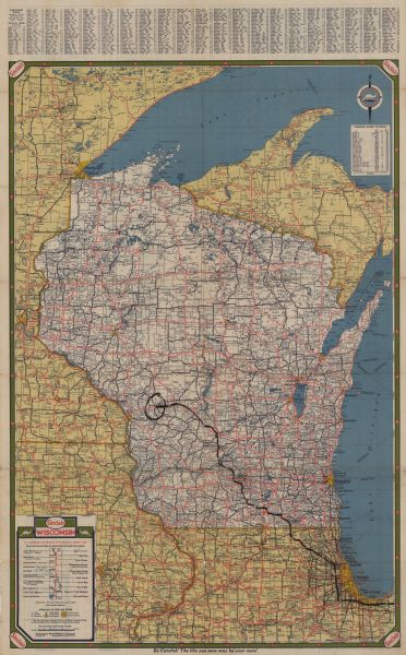 This colored road map shows automobile roads in Wisconsin as well as portions of nearby states. Information on the quality and type of any road shown (U.S. Highway, County Trunk Highway, dirt, paved, etc.) can be found in the legend in the bottom left corner. The boundary between the Central and Eastern Time Zones is shown, as are ferry lanes through Lake Superior and Lake Michigan. Along the top edge of the front side, an index of Wisconsin cities and towns is available with population information. On the back side of the map, small road maps for Duluth-Superior, Green Bay, La Crosse, Kenosha, Racine, Madison, Eau Claire, and Milwaukee are featured, as is a highway map of the Continental U.S. and a mileage chart showing the distance between major cities in the U.S. Along the left edge, an advertisement for Sinclair Gasoline's gas stations is shown.