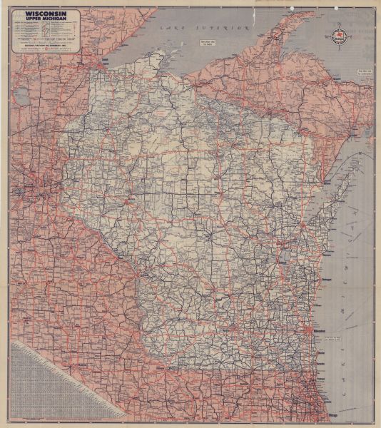 This colored road map shows automobile roads in Wisconsin as well as portions of nearby states. Information on the quality and type of any road shown (paved, dirt, likely to be under construction, U.S. Highway, State Highway, etc.) can be found in the legend in the top left corner. Ferry lanes in Lake Michigan are shown. In the bottom left corner of the front side, a mileage chart showing the distance between any two towns/cities in Wisconsin (and some in other states) is available. On the back side of the map, road maps for the Eastern Upper Peninsula of Michigan, Milwaukee, and the North Central U.S. can be found. Along the left edge, an index of counties, towns, and cities shown on the map is featured.