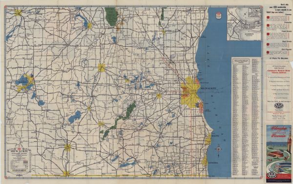 This colored road map shows automobile roads in Southeastern Wisconsin on the front and Milwaukee on the back. On the front side of the map, information on the quality and type of any road shown (i.e. gravel, scheduled for construction, U.S. Highway, County Highway) can be found in the legend in the bottom left corner. Along the right edge, informational statements and a drawing promoting the American Automobile Association are featured. Along the left edge of the promotional area, an index of cities, towns, villages, and lakes shown on the map is available, under a small road map of Madison, Wisconsin. On the back side, a street map of Milwaukee covers most space, with a margin along the bottom reserved for an index of streets shown on the map and a small street map of south Milwaukee. Along the right edge, above a map legend, an index of hotels, breweries, police stations, colleges and universities, and points of interest shown on the map can be found. Just above this, there is a paragraph describing the system by which street address numbers are assigned. 