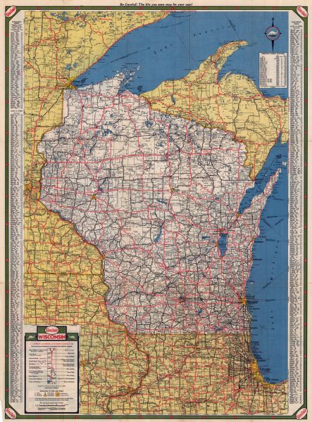 This colored road map shows automobile roads in Wisconsin as well as portions of nearby states. Information on the quality and type of any road shown (paved, dirt, scheduled for construction, etc.) is included in the legend in the bottom left corner. The boundary between the Eastern and Central Time Zones is shown (paved, dirt, scheduled for construction, etc.), as are some ferry lanes in Lake Superior and Lake Michigan. Along the left and right edges of the front page, an index of counties, cities, and towns, and their populations is featured. Near the top right corner, an index of principal radio stations in Wisconsin and neighboring states is shown. On the back side of the map, a highway map of the Continental United States is shown, with a mileage chart for major cities in the U.S. Along the top right edge of the back side, an index of National Parks and monuments in the U.S. and Canada is shown. On the bottom half, road maps for Duluth-Superior, Green Bay, La Crosse, Madison, Racine, and Milwaukee are present. 
