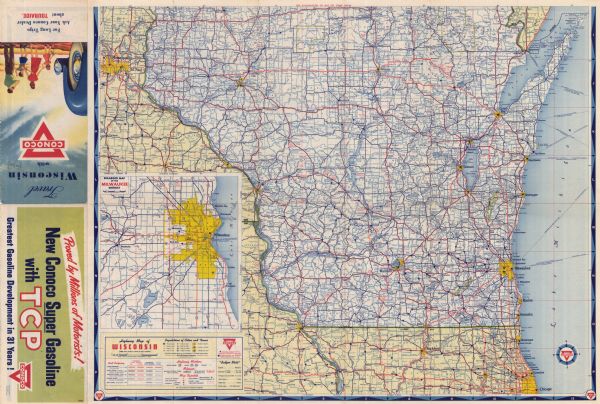 This colored road map shows automobile roads in Wisconsin as well as portions of nearby states. The map is organized such that a single map of Wisconsin is divided on to two sides of a page, with the southern half on the front side and the northern half on the back side. Information on the quality and type of any road shown on the map (i.e. super highway, paved, dirt) is available in the legend in the bottom left corner on the front side. Above the legend, a street map of Milwaukee is superimposed upon the larger Wisconsin map. Along the left edge of the front page, promotional statements for Conoco's "New Super Gasoline" are featured. Along the left edge of the back page indexes of lakes, cities and towns, and counties shown on the map are available, and a street map of Duluth-Superior is superimposed upon the larger Wisconsin map. Lakes Superior and Michigan are shown, with ferry and boat lanes. In the top right corner of the back side of the map, there is a small map of Wisconsin and nearby states showing the distances between major cities.