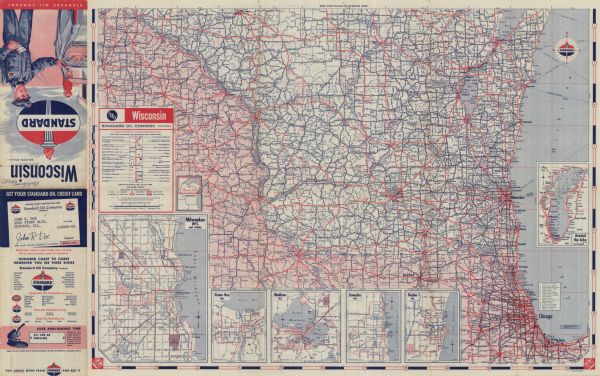 This colored road map shows automobile roads in Wisconsin as well as portions of nearby states. The map is organized such that a single map of Wisconsin is divided on to two sides of a page, with the northern half on the front side and the southern half on the back. Information on the quality and type of any road shown (paved, improved, unimproved, etc.) can be found in the legend near the bottom left corner of the back page. On the front side, over Lake Superior, a mileage chart showing the distances between towns and cities in Wisconsin is available. Along the left edge, there is an index of counties, cities, and towns shown on the map and their populations. On the back side, ferry lanes through Lake Michigan are shown. Fish hatcheries, airports, campsites, U.S. national parks, state parks, and points of interest can be found on the map and identified in the legend. Along the bottom edge, small street maps of Milwaukee, Green Bay, Madison, Kenosha, and Racine are present.  Along the left edge, information and artwork promoting Standard Oil Company is featured. 