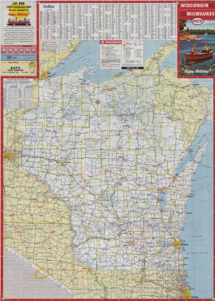 This colored road map shows roads in Wisconsin as well as portions of nearby states. Information on the quality and type of any road shown (expressways, State Highways, county roads, etc.) can be found in the legend, below an index of Wisconsin counties, cities, and towns shown on the map. In the bottom left corner, a mileage chart showing the distances between various towns and cities in Wisconsin is available. On the back side of the map, a street map of Milwaukee and the surrounding area is featured, with street names listed in an index along the left and bottom edges. Ferry lanes in Lake Michigan are shown.