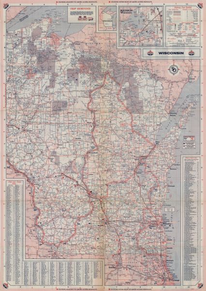 This colored road map shows roads in Wisconsin as well as portions of nearby states. Information on the quality and type of any road shown can be found in the legend in the top right corner, next to a small street map of Madison. In the bottom left corner, an index of cities and towns in Wisconsin is available with population information for each. Along the right edge, there is an index of points of interest in Wisconsin. On the back side of the map, street maps for Milwaukee, Green Bay, Racine, and Kenosha are available, as well as maps for Duluth and St. Paul, Minnesota, and Chicago, Illinois. Along the left edge, artwork and information promoting Standard Oil Company is featured, as is information about points of interest and recreational areas along the right edge. 