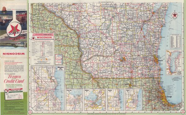 This colored road map shows roads in Wisconsin as well as portions of nearby states. The map is organized such that a single map of Wisconsin is divided on to two sides of a page, with the northern half on the front side and the southern half on the back. Information on the quality and type of any road shown (paved, improved, scheduled for construction, etc.) can be found in the legend near the bottom left corner of the back side. Below the legend, street maps of Milwaukee, Green Bay, Madison, Kenosha, and Racine are superimposed upon the larger Wisconsin map. Along the left edge of the front side, an index of counties, cities, and towns in Wisconsin is featured with population information. In the top right corner, a list of state parks in Wisconsin is available, next to a mileage chart showing distances between various cities and towns in Wisconsin and a small street map of Duluth-Superior. On the back side, ferry lanes through Lake Michigan are shown, as are fish hatcheries, airports, campsites, U.S. national parks, state parks, and points of interest.