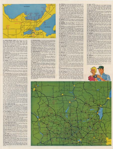 This colored map represents "Tour #2" of a series of driving tours of the state published by the Sperry & Hutchinson Company, in order to "help you enjoy Wisconsin more." Numbered points of interest are listed, with brief descriptions of each. Several colored graphics depict the Dells and scenes of rural Wisconsin. The back of the map continues the same format; in total, both sides of the map describe 119 points of interest in the state. There is a detailed map of Madison, enumerating its specific interest points, and a colored graphic of Central and Southern Wisconsin, showing the location of the points of interest numbered in the map descriptions.