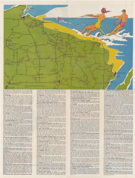 This colored map represents "Tour #1" of a series of driving tours of the state published by the Sperry & Hutchinson Company, in order to "help you enjoy Wisconsin more." Numbered points of interest are listed, with brief descriptions of each. A colored graphic depicts a scene of water-skiers, below which is a graphic of Northern Wisconsin, showing the location of the points of interest numbered in the map descriptions. The back of the map continues the same format; in total, both sides of the map describe 93 points of interest in the area. There are several colored graphics of typical recreational activities in the "North Woods Country"along with the locations and details of the points of interest shown on the map.
